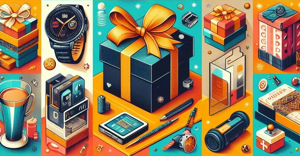 Meilleurs Cadeaux pour 2024.' Le collage doit présenter une variété de cadeaux adaptés aux hommes, aux femmes et aux amateurs de technologie. Incluez un mélange de gadgets modernes (comme des montres connectées et des écouteurs), d'accessoires élégants (comme des montres et des bijoux), et d'articles de style de vie (comme des livres et des équipements de fitness).